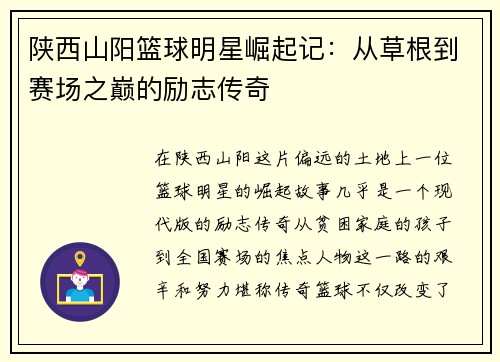 陕西山阳篮球明星崛起记：从草根到赛场之巅的励志传奇