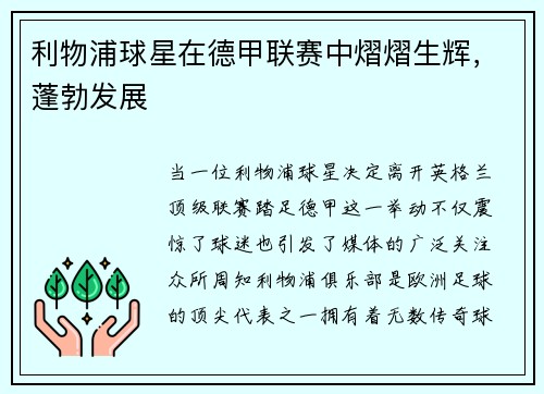 利物浦球星在德甲联赛中熠熠生辉，蓬勃发展