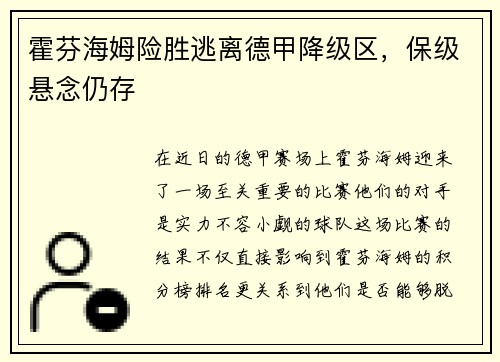 霍芬海姆险胜逃离德甲降级区，保级悬念仍存
